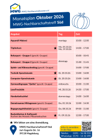 Monatsplan Oktober 2026 - Süd